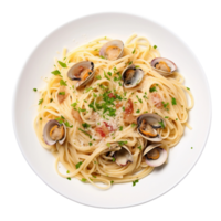 ai generiert Muschel Linguine auf ein Weiß Teller auf transparent Hintergrund. png