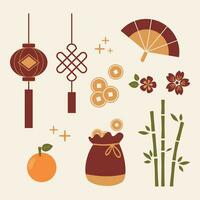 Hand drawn flat illustration of cute prosperity auspicious sticker pack. Doodle set of lantern, traditional coin, fan, orange, bamboo, money bag, flower element. For Chinese New Year Japanese concept vector