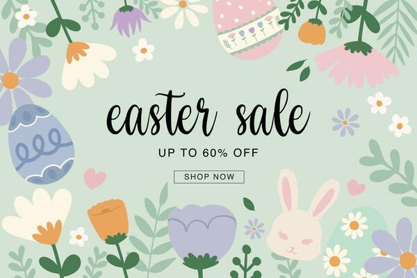 Easter sale background poster template. Vector abstract background with pastel flowers, rabbit and eggs background. For vouchers, wallpaper, banners, headers, social media, sales, coupon discounts.