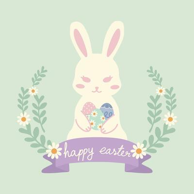 hand drawn vector illustration of white Easter bunny rabbits holding easter eggs wreath in pastel concept. Cute elements doodle in flat style. For poster, card, invitation, graphic resource