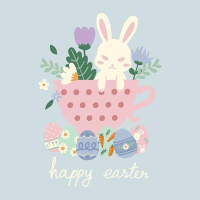 hand drawn vector illustration of white Easter bunny rabbits in a mug with flowers in pastel concept. Cute elements doodle in flat style. For poster, card, scrapbooking, invitation, graphic resource