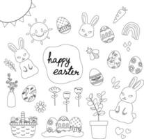hand drawn illustration of a set monochrome line of Easter holiday sticker pack design elements. Cute elements doodle collection in flat style. For poster, card, scrapbooking, invitation, graphic vector
