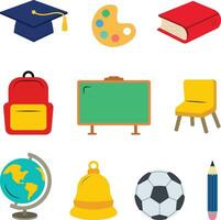 Set of School Elements Supplies Graduation cap, Palette, Book, Backpack, Chalkboard, Chair, Globe, Bell, Soccer Ball and Pencil. Stuff Child at School. vector