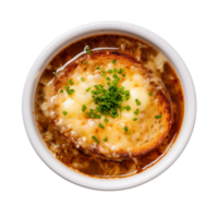 AI generated French Onion Soup in a White Bowl on Transparent Background. png