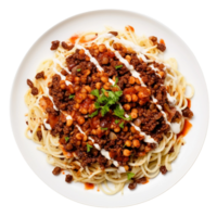 AI generated Koshari on a White Plate on Transparent Background. png