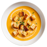 AI generated Creamy Butternut Squash Soup with Croutons on Transparent Background. png