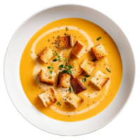 ai generiert cremig Butternuss quetschen Suppe mit Croutons auf transparent Hintergrund. png