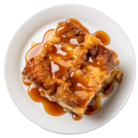 AI generated Bread Pudding with Caramel Drizzle on Transparent Background. png