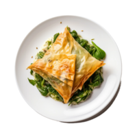 ai generiert Spanakopita auf ein Weiß Teller auf transparent Hintergrund. png