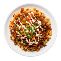 AI generated Koshari on a White Plate on Transparent Background. png