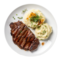 ai généré grillé steak avec une côté de en purée patates sur transparent Contexte. png