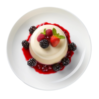 ai generiert Panna Cotta Dessert auf ein Weiß Teller auf transparent Hintergrund. png