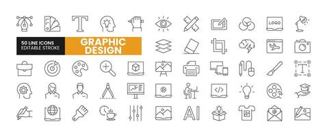 Set of 50 Graphic Design line icons set. Graphic Design outline icons with editable stroke collection. Includes Pen, Color Pallete, Artificial Intelligence, Logo, Illustration, and More. vector