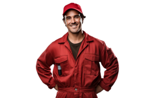 ai gegenereerd mannetje veld- arbeider in een mechanica jumpsuit met een transparant achtergrond. png