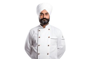 ai generado un indio cocinero en un blanco del chef uniforme en transparente antecedentes. ai png