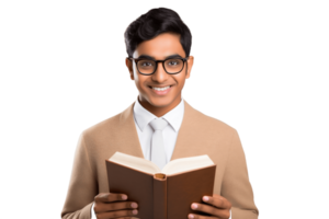 ai généré un Indien étudiant portant des lunettes et en portant une livre sur transparent Contexte. ai png