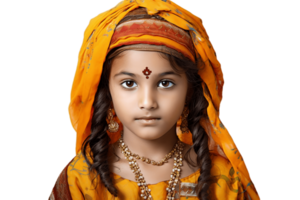 ai généré une Jeune Indien fille dans coloré ethnique tenue sur transparent Contexte. ai png