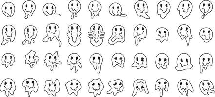 Melting or dripping smile set. Psychedelic faces isolated on white background. Bad trip concept. vector