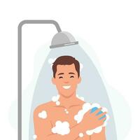 joven hombre tomando ducha en baño. lavados cabeza, pelo y cuerpo con champú y jabón. vector
