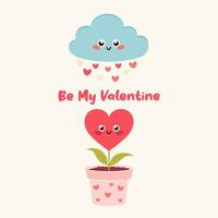 San Valentín día tarjeta con linda nube, lluvia de corazones y corazón en un flor maceta. San Valentín día regalo concepto. amor día postales vector