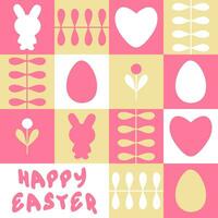 Rabbits and eggs spring pattern with greeting text Happy Easter. Perfect print for poster, card, banner. Great design for any project. vector