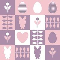 Cute rabbits, striped and dotted eggs and flowers Easter pattern. Perfect print for poster, card, banner, tablecloth. Great design for any project. vector