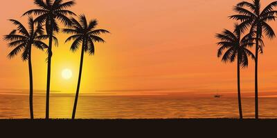 silueta de palma árbol a playa con puesta de sol antecedentes vector ilustración. tropical isla concepto plano diseño modelo tener blanco espacio.