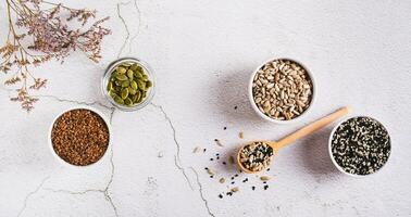 Pumpkin, flax, sesame and sunflover seeds cycling for hormone balance top view web banner photo