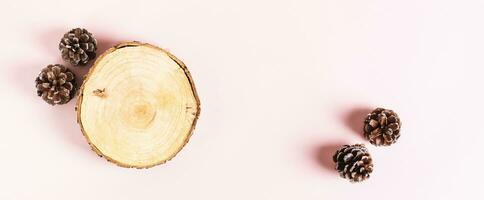 Tree trunk cut and pine cones on pink background top view web banner photo