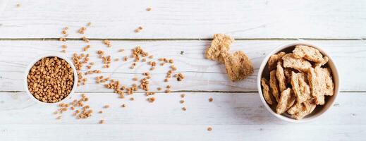 Alternative protein dry soy meat in a bowl on the table top view web banner photo