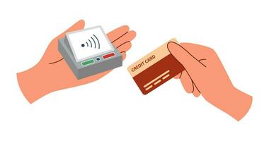 Payment device. Payment terminal and hand with credit card. vector