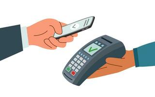 Payment terminal and hand with phone. Contactless payment concept. Online payment. vector