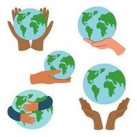 Planet in hands set. Ecology concept. vector