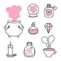 Silhouette set of magic elements in pink doodle cartoon style. Cauldron, magic ball, potion, crystal, candle design elements. Vector illustration