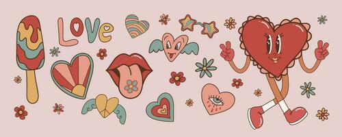 conjunto de maravilloso corazones en hippie amor estilo para San Valentín día. cómic corazón personaje en retro Años 80 70s de moda dibujos animados estilo. retro elementos para imprimir, envase papel, web sitios, antecedentes y tarjetas vector