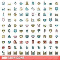 100 baby icons set, color line style vector