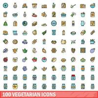 100 vegetarian icons set, color line style vector