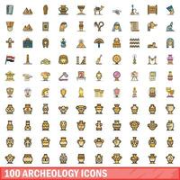 100 archeology icons set, color line style vector