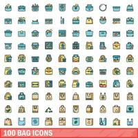 100 bag icons set, color line style vector