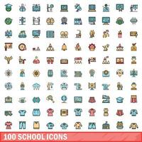 100 school icons set, color line style vector