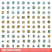 100 cafe icons set, color line style vector