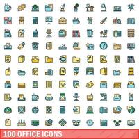 100 office icons set, color line style vector