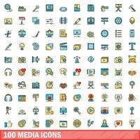 100 media icons set, color line style vector