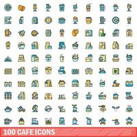 100 cafe icons set, color line style vector