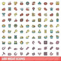 100 meat icons set, color line style vector