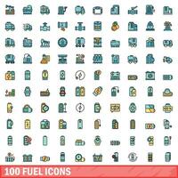 100 fuel icons set, color line style vector