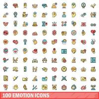 100 emotion icons set, color line style vector