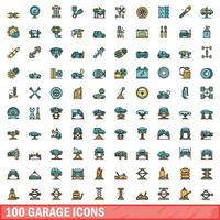 100 garage icons set, color line style vector