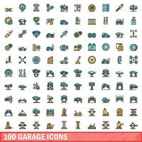 100 garage icons set, color line style vector