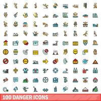 100 danger icons set, color line style vector